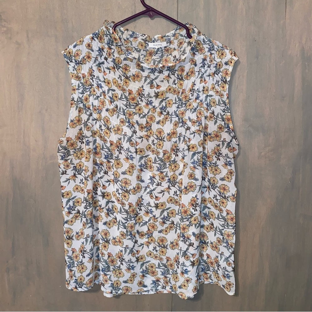 Anthropologie Pleione Sheer floral Boxy Sleeveless Blouse with Mandarin Collar